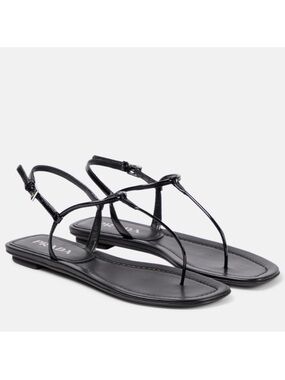 Prada Black Suede leather T strap square toe flat thong sandals EU 37